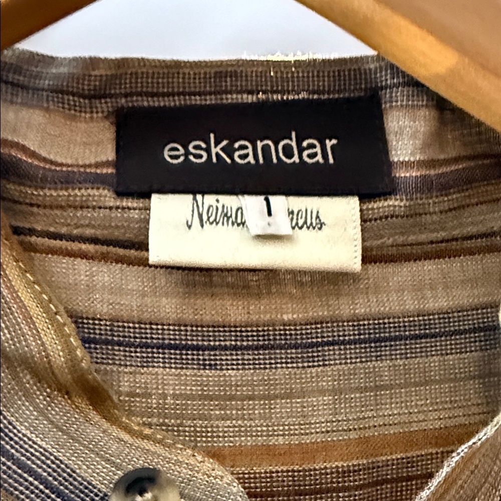 Eskandar Striped Linen Button Down Mandarin Collar Tunic Shirt Size 1 - Picture 2 of 4